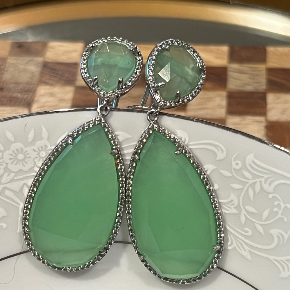 Seafoam Green Teardrop Pave Halo Drop Earrings - Silver Finish